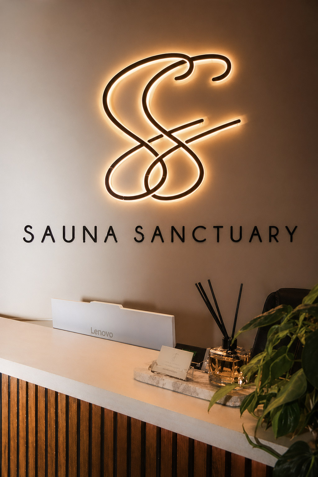 Sauna Sanctuary reception with illuminated logo