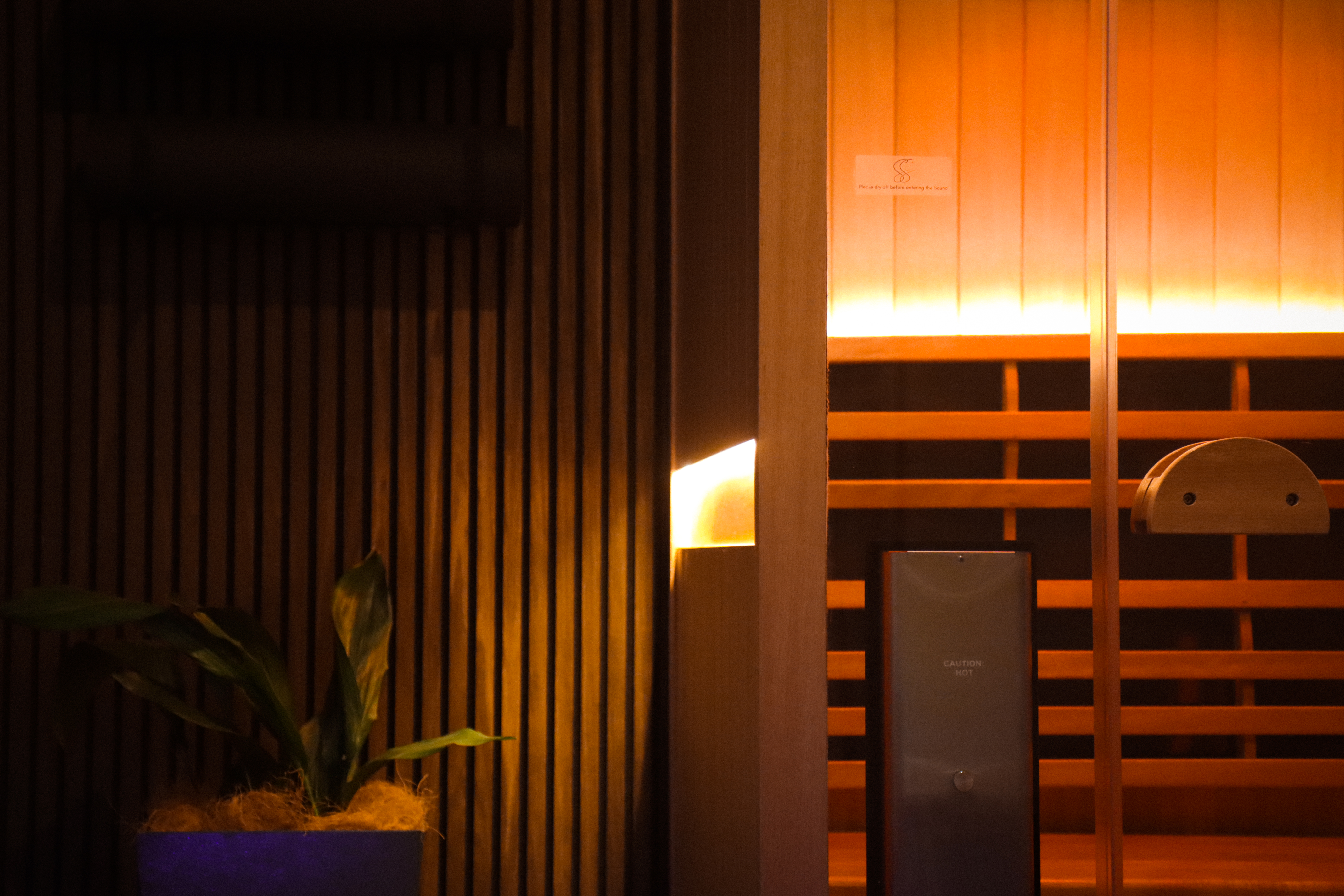 The warm infrared glow of the sauna at Sauna Sanctuary
